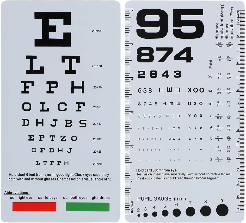 NOYOC 2 Pack Pocket Eye Chart, 2 en 1 Snellen & Rosenbaum Chart, 6,5x3.5 pouces, main double face en plastique carte de vision basse pour les examens oculaires (2 pack 6 pieds)