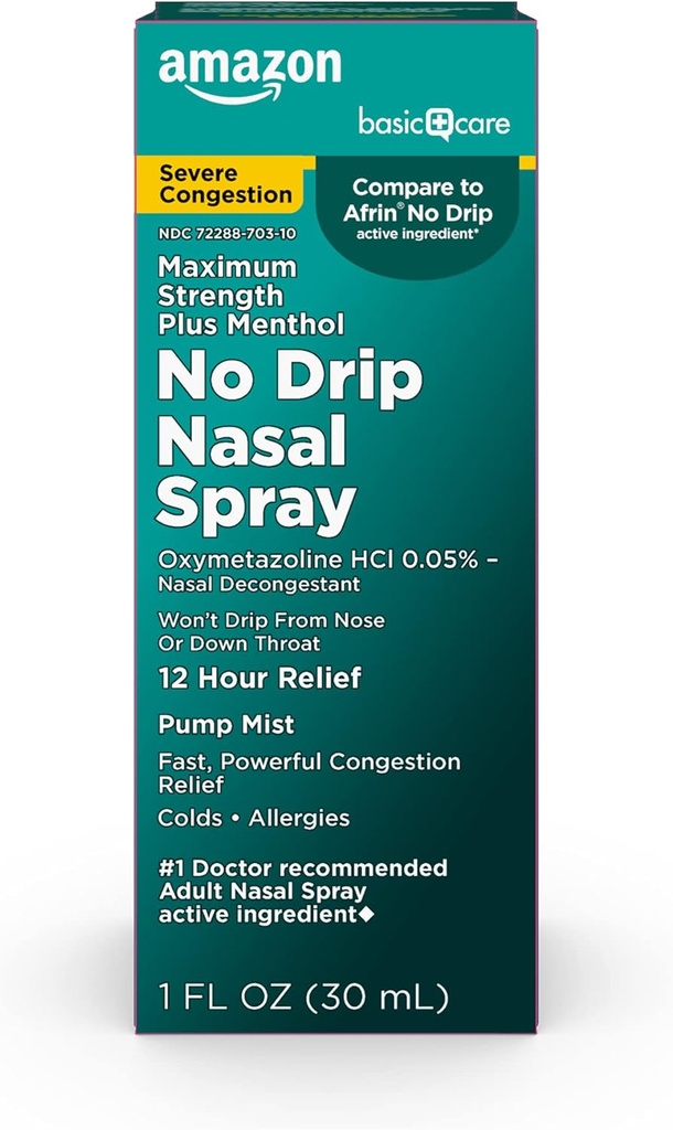 Prestazioni di base Nessuna goccia Severe 12 ore Nasal Decongestant Pump Mist, steroide gratuito, resistenza massima Plus Menthol 1 fl oz (Pack of 1)