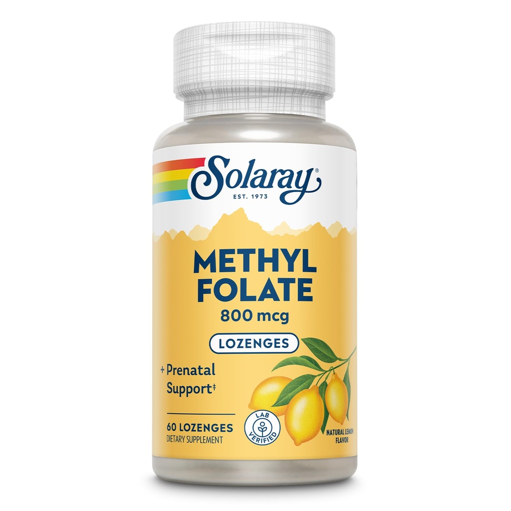 SOLARAY Methyl Folate 800 mcg - 470 mcg Acido Folico - 5MTHF Vitamine Prenatali - Natural Lemon Flavor - Dolci naturali - Lab Verified - 60-Day Guarantee - 60 Serve, 60 Lozenges