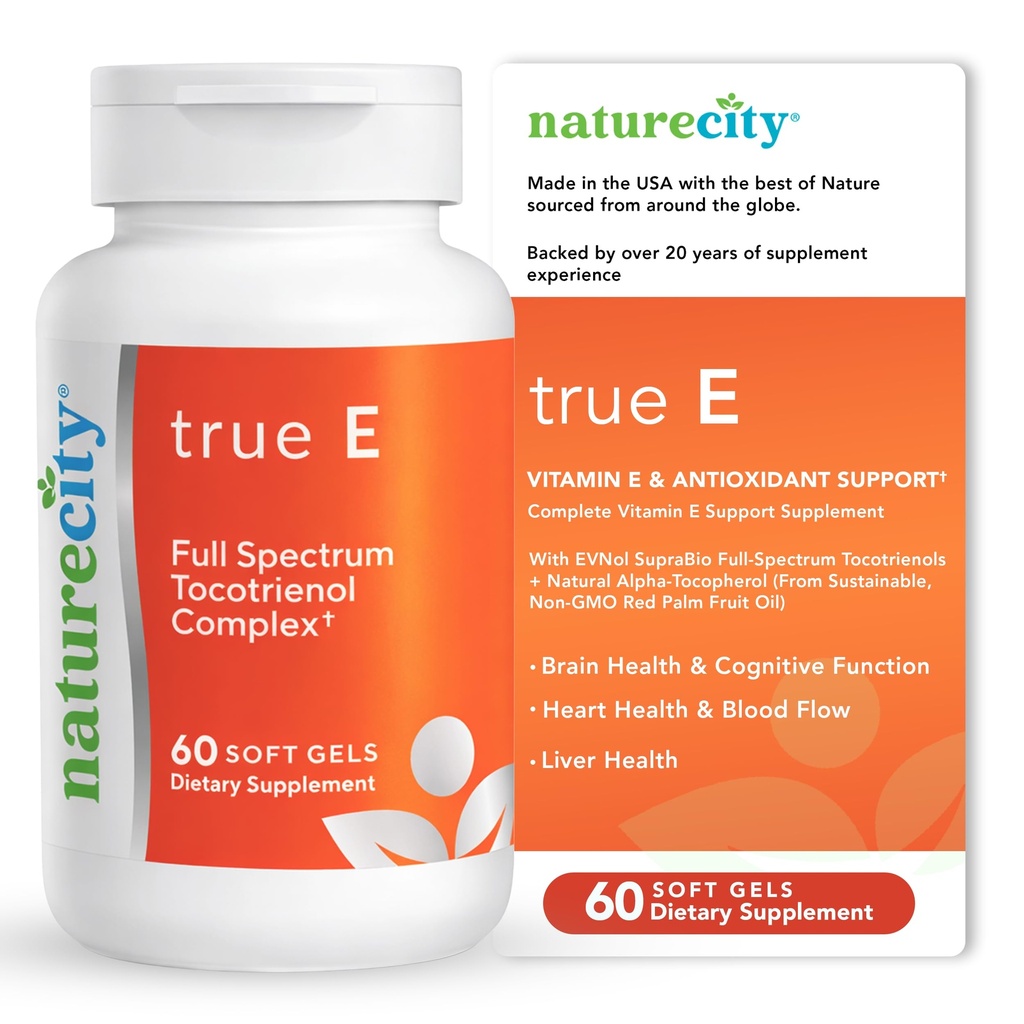 NatureCity True-E Full Spectrum Tocotrienols Vitamin E & Natural Alpha Tocopherol Supplement | Nachhaltige Vitamin E Tocotrienole von Evnol Suprabio | Non-GMO Vitamin E Complex | 60 Weichgele