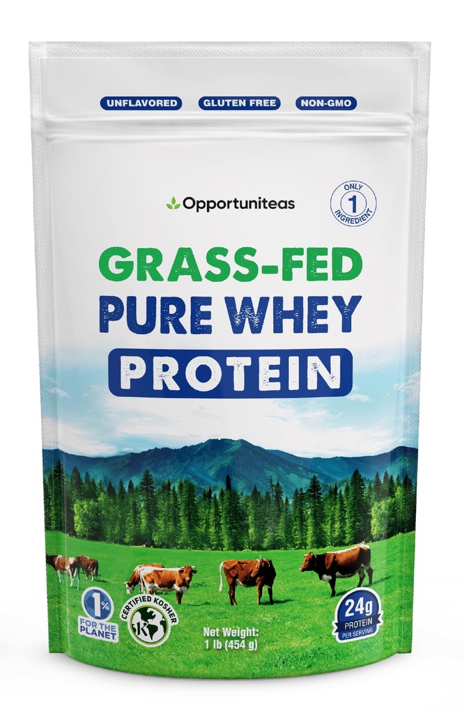 Opportuniteas Grass Fed Whey Protein Powder Concentrate - 1 Ingrediente - Pure Protein Supplement for Drink, Smoothie, Shake, Cooking & Baking - Non OGM, Ormone Free & Gluten Free - 1 Pound