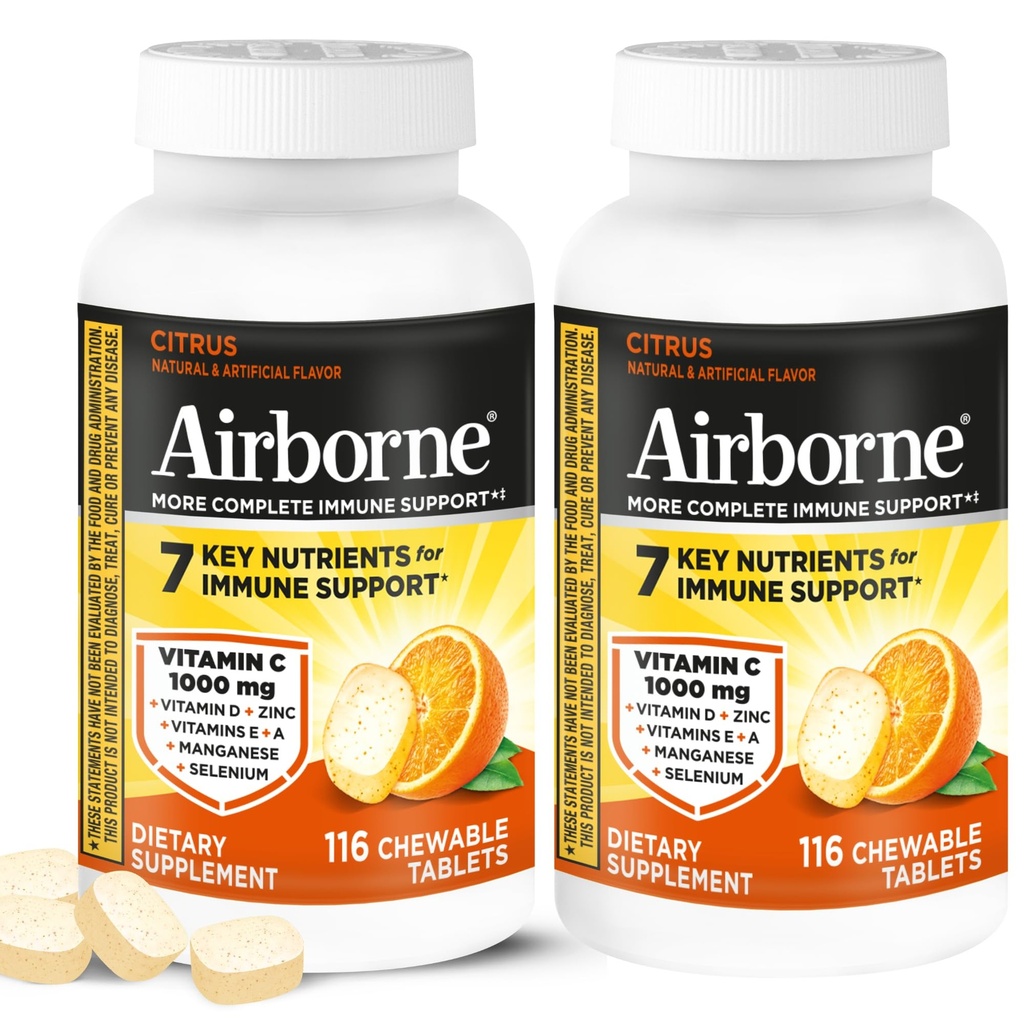 Airborne 1000mg Vitamina C + Zinc Immune Support Supplemento Compresse masticabili, Citrus Flavor con potenti Antiossidanti Vitamine A C & E, 116 Chewable Tablets (2 Pack)