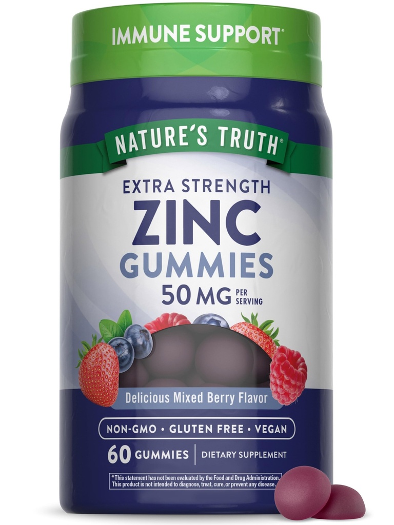 Nature's Truth Zinc Gummies for Adults | 50 mg | 60 Count | Vegan, Non-GMO & Gluten Free Extra Strength Supplement | Mixed Berry Flavor