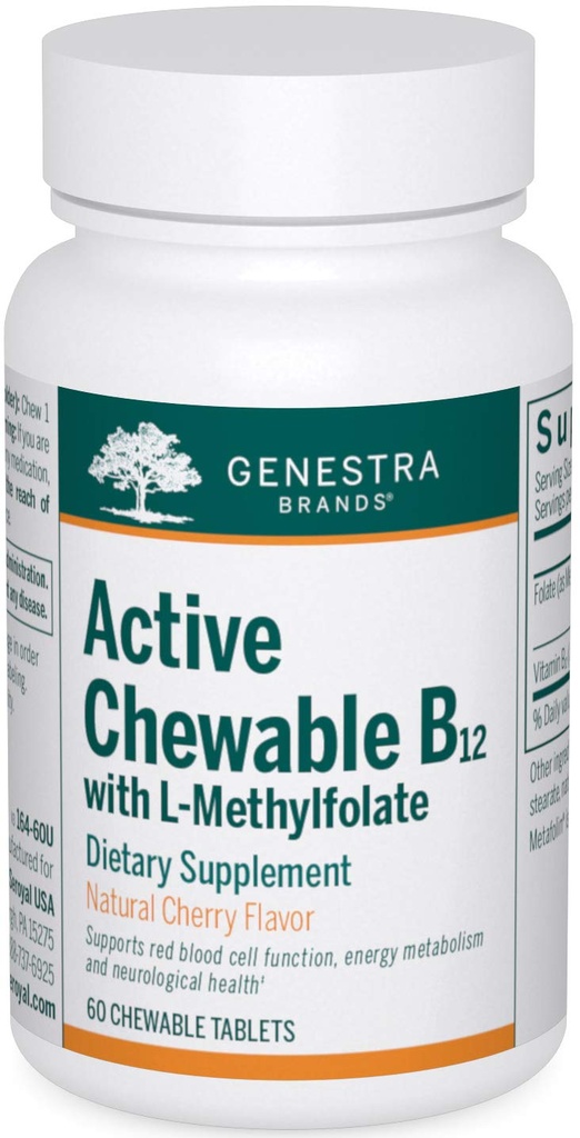 Genestra Marken Active Chewable B12 mit L-Methylfolate | Kaubares Vitamin B12 und Folate Supplement | 60 Kaubare Tabletten | Natürliche Kirsche Flavor