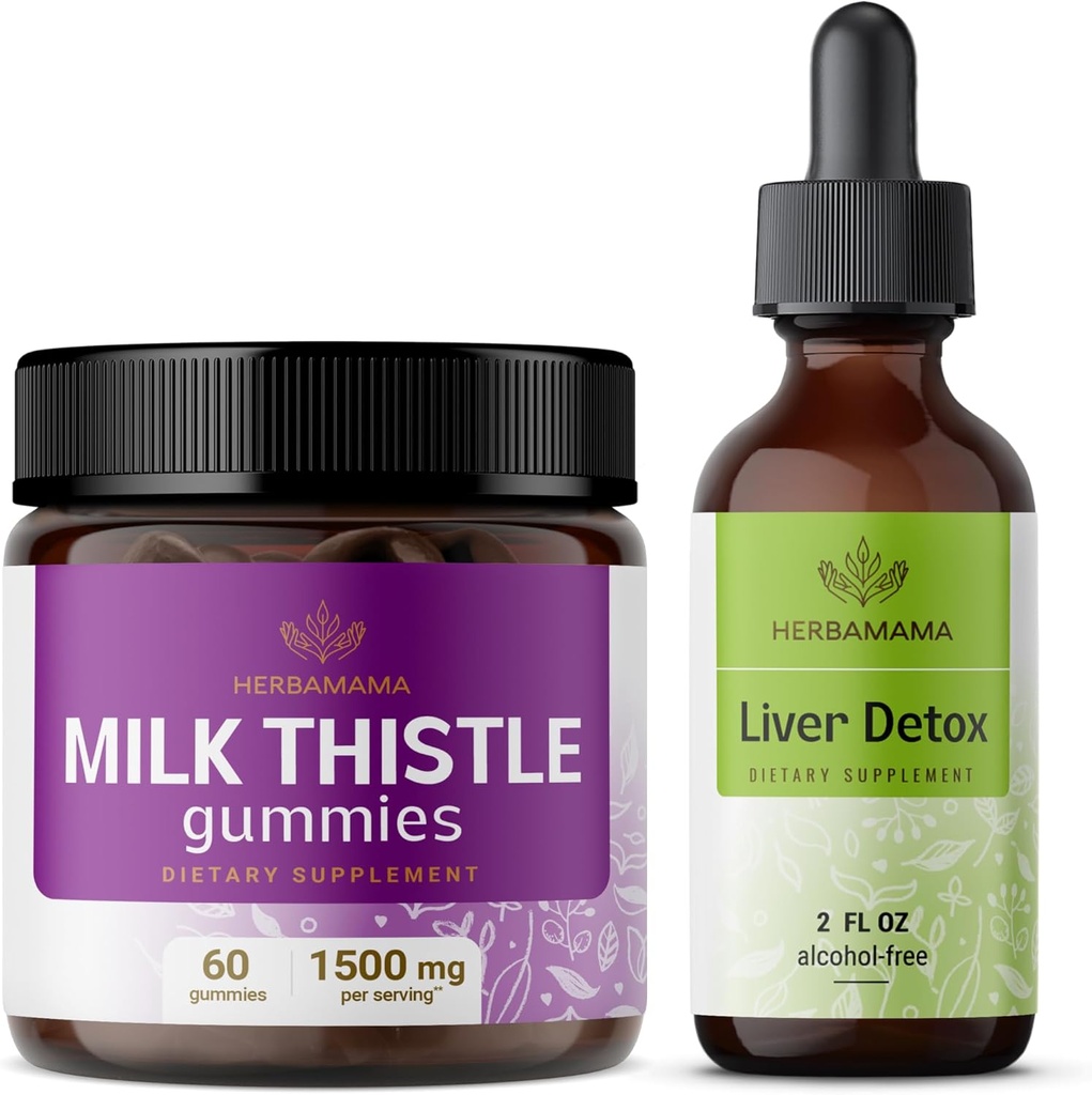 HERBAMA Milk Thistle and Liver Support Complex Kit - Bundle of Milk Thistle Gummis & Liver Detox Liquid Complex 4 fl oz - Vegan, Non-GMO, Alkoholfrei - 2 Pack