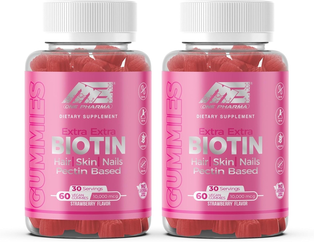 MB One Biotin Gummies-High Potency-Healthy Hair, Haut und Nägel stärken, Vitamin B7, (10000 Mcg) Non-GMO, Pectin Pflanze basiert, für Kinder und Erwachsene, Erdbeer Natural Flavor 2 Pack