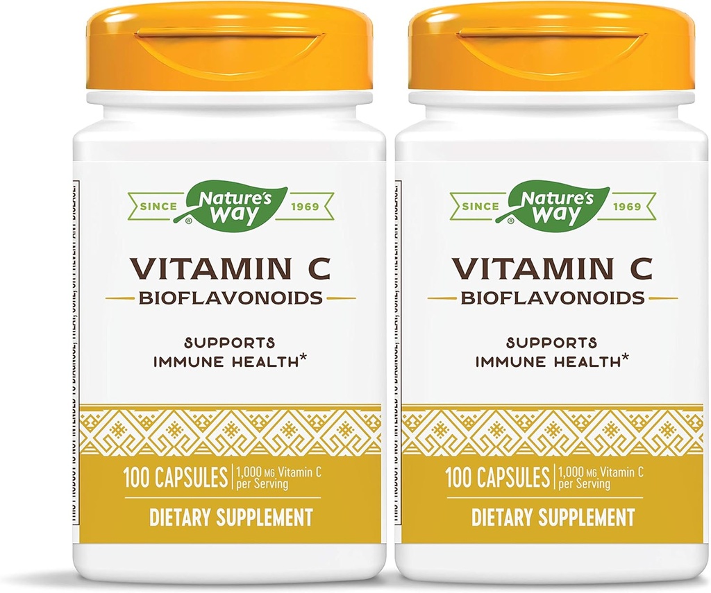 Vitamina C 500 mg di modo naturale con bioflavonoidi, 1000 mg di vitamina C per porzione, 100 capsule, confezione da 2