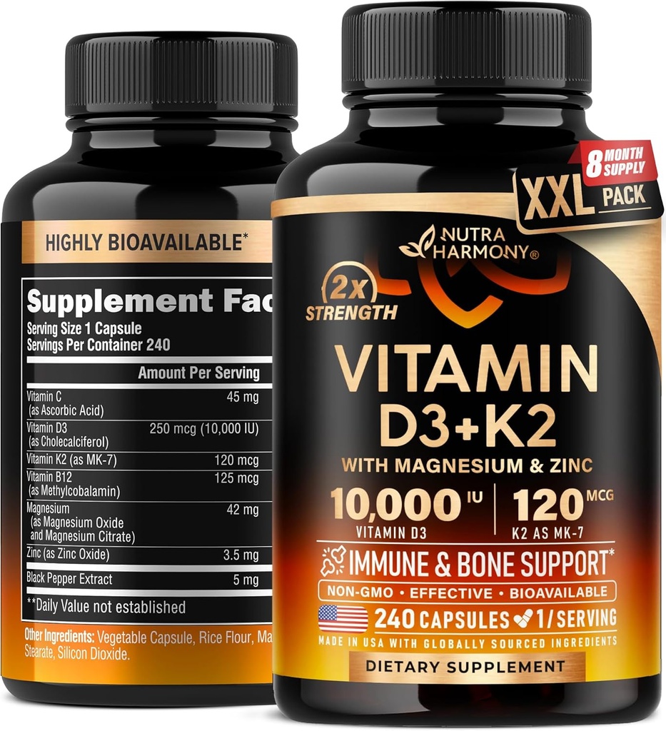 Vitamina D3 K2 - Vitamina D3 10000 iu & K2 come MK-7 120 mcg - Supporto Immune & Mood, per la salute di ossa e denti - con magnesio, zinco & vitamina C & B12 - Altamente biodisponibile - Made in USA, 240 capsule