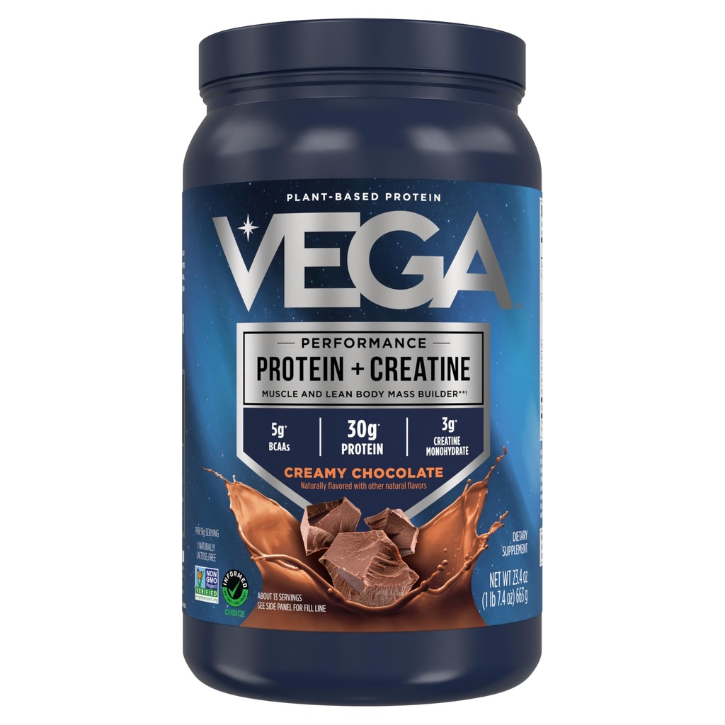 Vega Protein + Kreatin - 30g Pflanzenbasiertes Protein, Schokolade, 13 Portionen, 3g Kreatin, 5g BCAAs, Vegan, Keto, Glutenfrei, Dairy Free, Low Carb, für Muskelwachstum & Repair, Drink Mix, 23.4oz