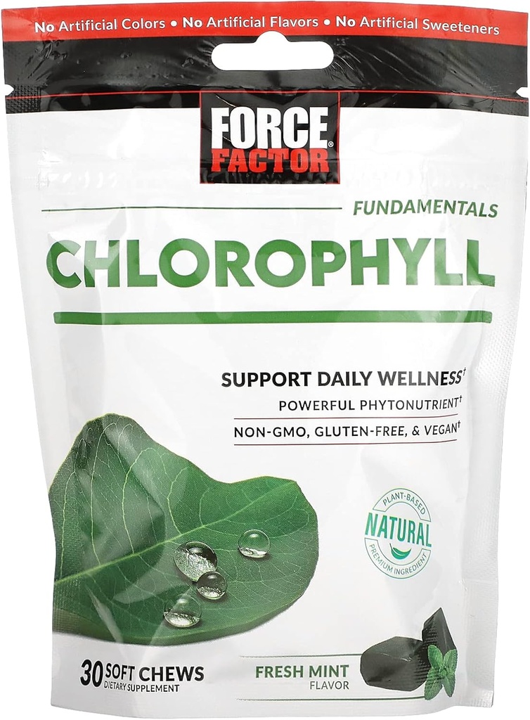 FORCE FACTOR Chlorophyll Soft Chews antiossidanti supplemento per ridurre l'odore del corpo, promuovere il respiro fresco, non OGM, senza glutine, e Vegan, fresco mint Flavor, 30 Soft Chews, verde