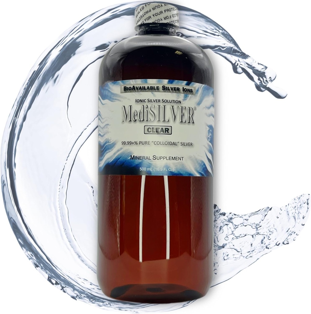 MediSILVER Clear Vrai supplément alimentaire en argent colloïdal ionique libre - 500 mL (16,9 Fl Oz) en bouteille en plastique sans BPA ambre