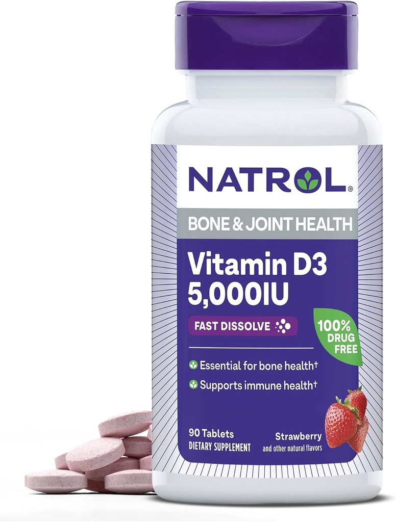 Natrol rapide Dissolve vitamine D3 5 000 UI, supplément alimentaire pour la santé des os et des articulations, supplément de soutien des os, 90 comprimés, 90 jours d'approvisionnement