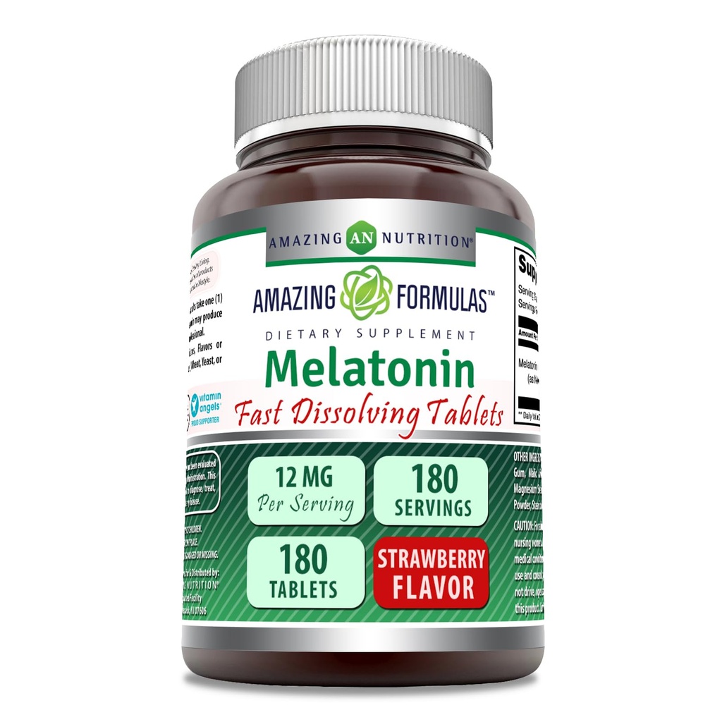 Incredibile Formulas Melatonin 12 mg Per Serving Compresse Supplemento | Non OGM | Gluten Free | Made in USA (180 | Fragola)