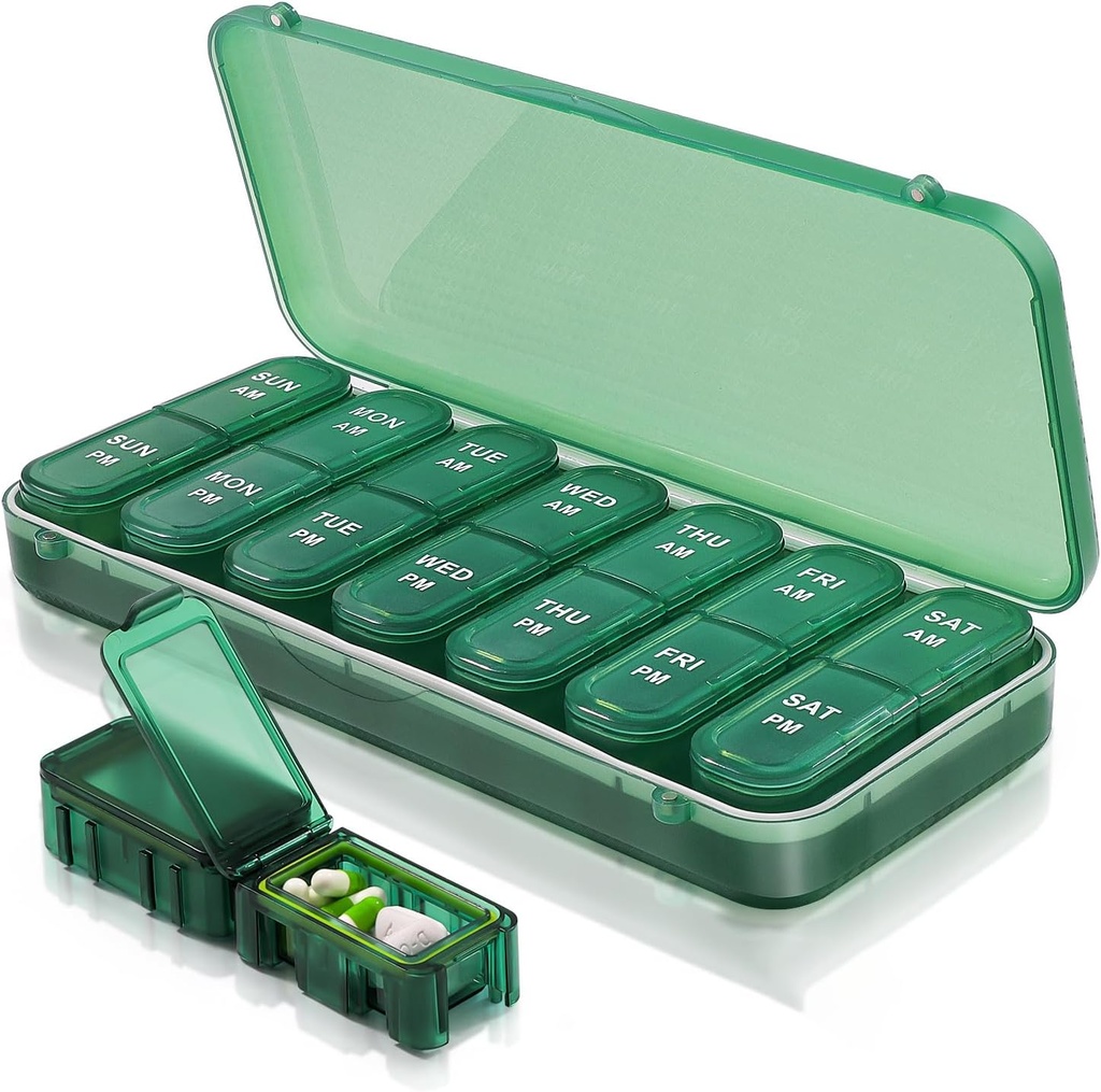 Scatola di pillole e organizzatore 2 volte al giorno, caso di viaggio settimanale per vitamine, oli di pesce + 2 organizzatori di denti staccabili (verde)