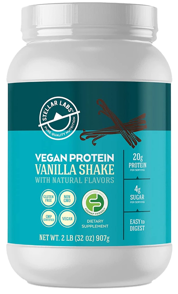 Stellar Labs Poudre de protéines végétaliennes avec des antioxydants et de BCAA Certifié faible FODMAP, non OGM, sans gluten, sans soja, faible teneur en glucides, avec Stevia.
