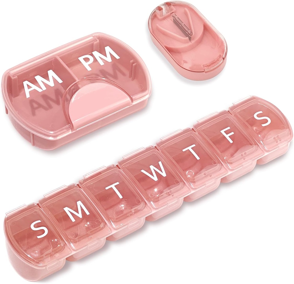 3 Pack (Weekly & Daily), 2 volte al giorno (AM/PM) + 7-Day Pill Organizer + Pill Cutter, Vitamin Planner, Large Capacity Pill Box Set, Travel Pill Case for Vitamins/Fish Oils/Supplements, Rosa