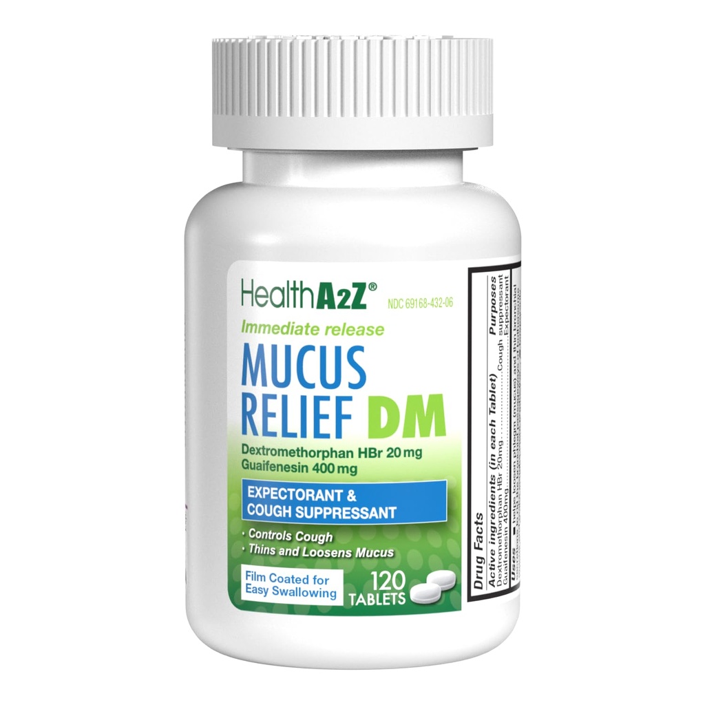 HealthA2Z® Mucus Relief DM | Dextromethorphan HBr 20mg | Guaifenesin 400mg | No Benzene | Cough, Release immediato, Uncoated (120 Count (Pack of 1))