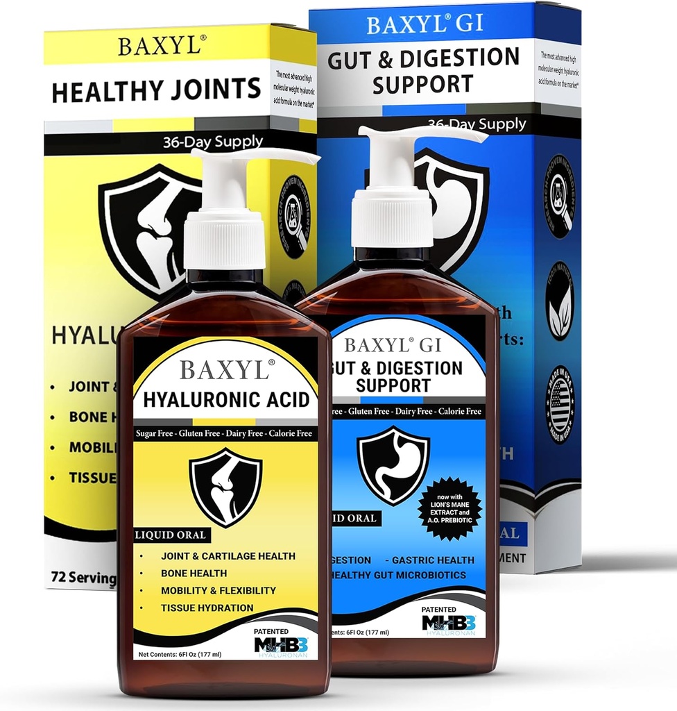 BAXYL & BaxylGI Bundle Pack - (6 fl oz chacun) - Supplément articulaire à l'acide hyaluronique et supplément digestif prébiotique à l'amaferm d'hylarunonan.