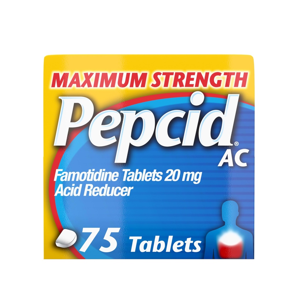 Pepcid AC Maximum Strength Heartburn Relief Tabletten, OTC Medizin verhindert und entlastet Sodbrennen durch Säure Verdauung, 20mg Famotidinsäure Reducer, Fast-Acting, 75 Ct