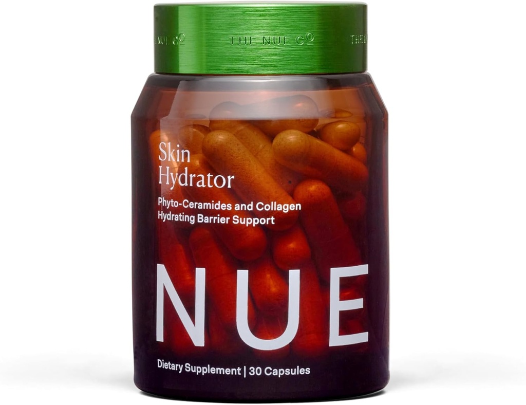 Le supplément de Nue Co. Skin HYDRATOR contient du collagène hydrolysé, de l'aloe et de l'acide hyaluronique, sans gluten, 30 capsules
