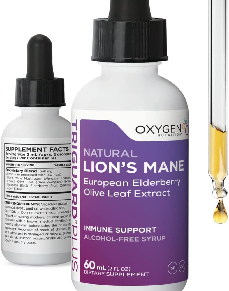 TriGuard Plus Lions Mane - Lions Mane Nootropic, Olive Leaf, Elderberry Extract Liquid Tincture 2 fl oz | Mental Clarity, Focus, Memory, Immun Support & Energy | Alkoholfrei, Non-GMO, Made in USA