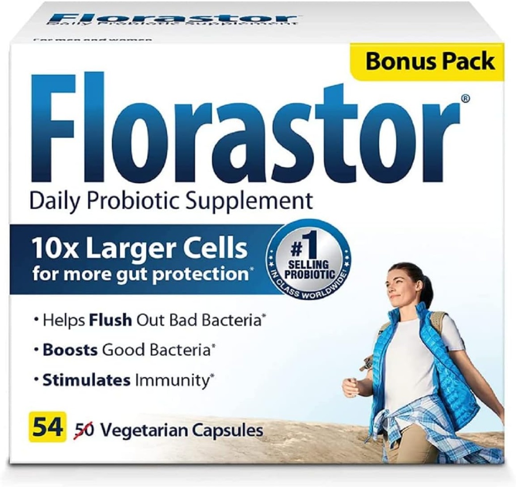 Florastor Daily Probiotic Supplement für Frauen und Männer, bewährt, um Verdauungsgesundheit zu unterstützen, Saccharomyces Boulardii CNCM I-745 (54 Kapseln), Packung von 4