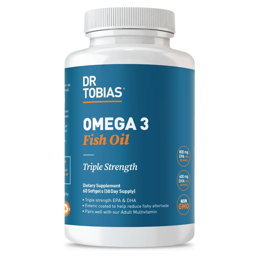 Dr. Tobias Omega 3 Fish Oil, 2000mg Triple Strength mit 800mg EPA 600mg DHA Per Servieren, Fish Oil Omega 3 Ergänzungen für Herz, Gehirn & Immununterstützung, 60 Softgels, 30 Portionen