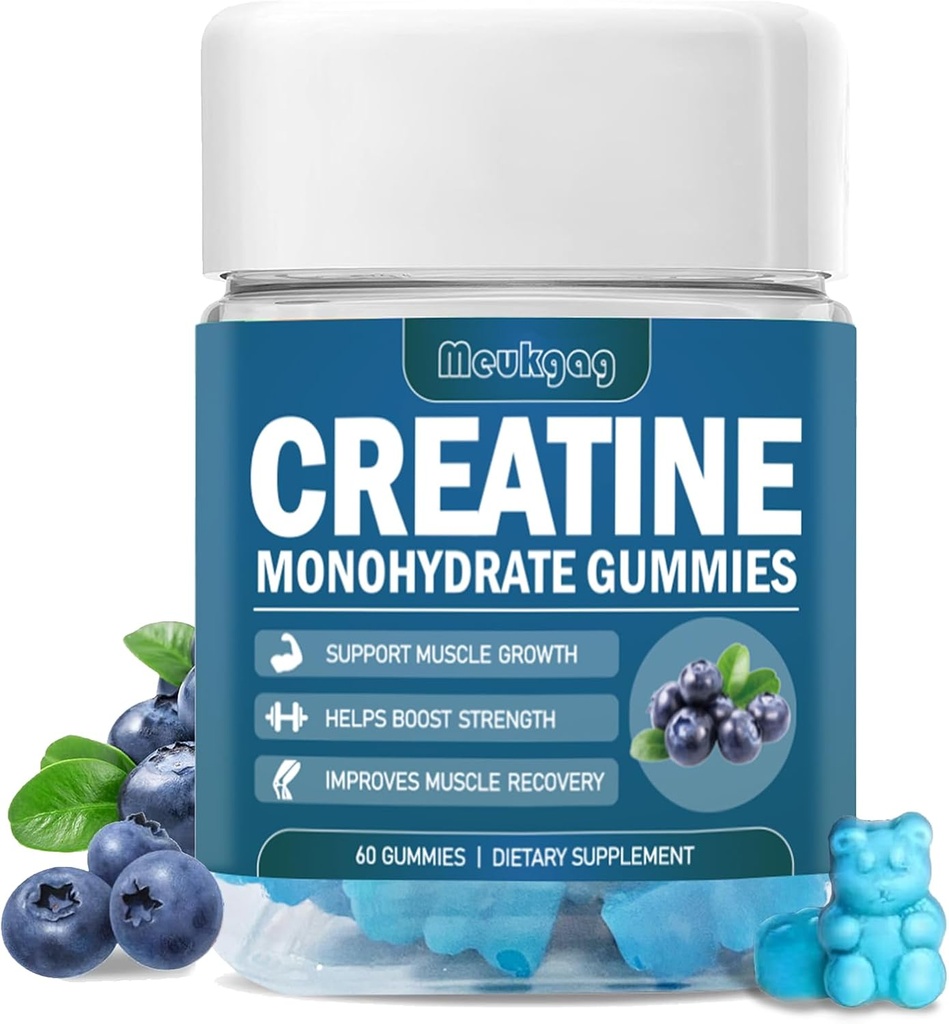Kreatin Monohydrate Gummie für Männer und Frauen, Chewables Creatine Monohydrate für Muskelkraft, Muskelaufbau, Energie Boost, Pre-Workout Gummies(60 Count) - Blueberry Flavor