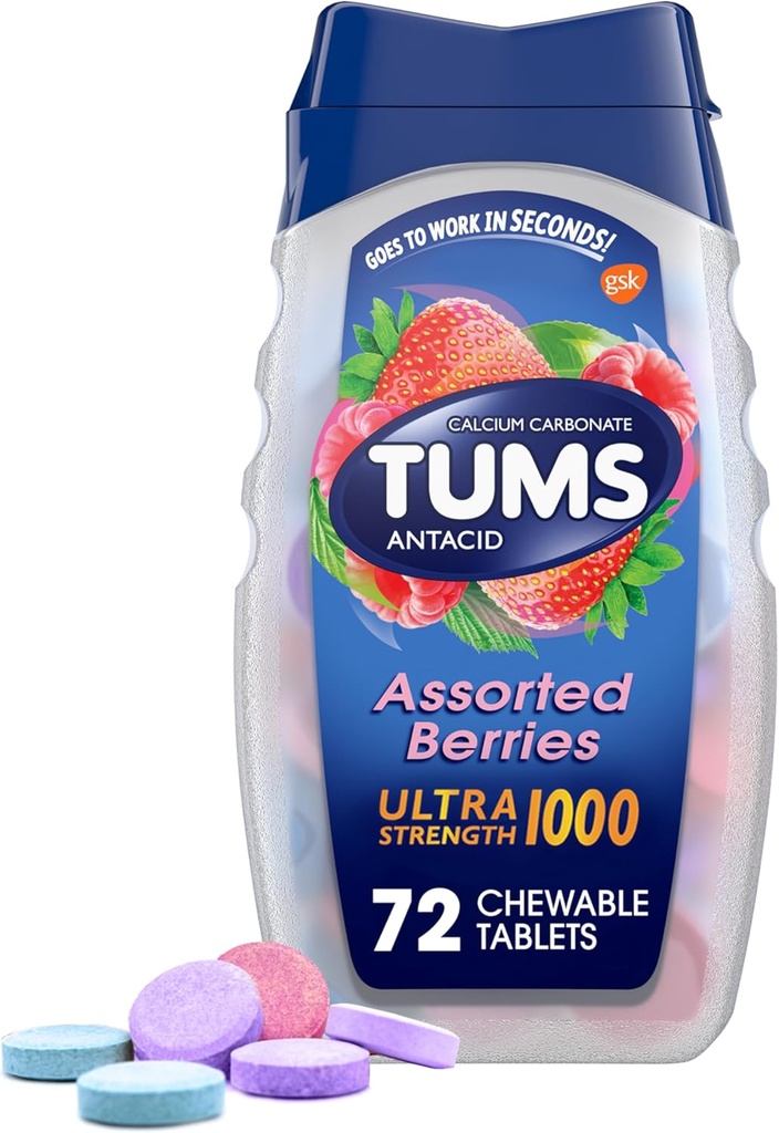 TUMS Ultra Strength Chewable Antacid Tabletten für Sodbrennentlastung und Säureindigestion Relief, sortierte Beeren - 72 Zähler