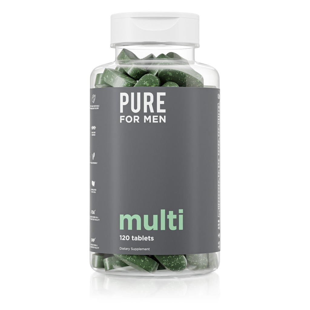 Pure per gli uomini Multivitamin Supplemento | Energia, Mood Support, Strong Bones, Antiossidanti, Minerali | Vitamine A, B, C, D, Magnesio, Calcium | 42 Frutta & Verdura Miscela Proprietaria | 120 Compresse Vegane