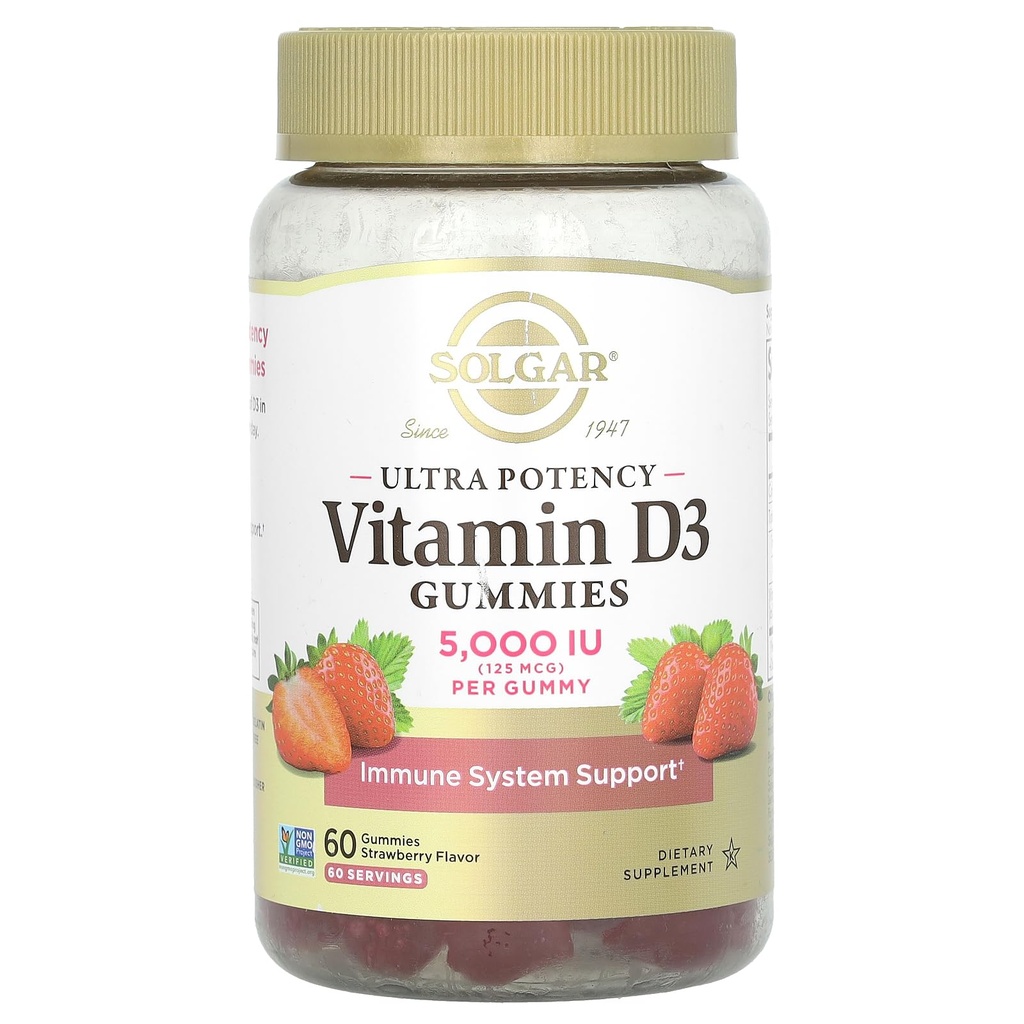 Solgar Vitamin D3 Gummi für Erwachsene 5.000IU Ultra Potency Vitamin Immunsystem Unterstützung für Frauen und Männer - Tasty Strawberry Flavor, Gluten & Gelatin Free Gummy, 2 Month Supply, 60 Portionen, 2g Zucker