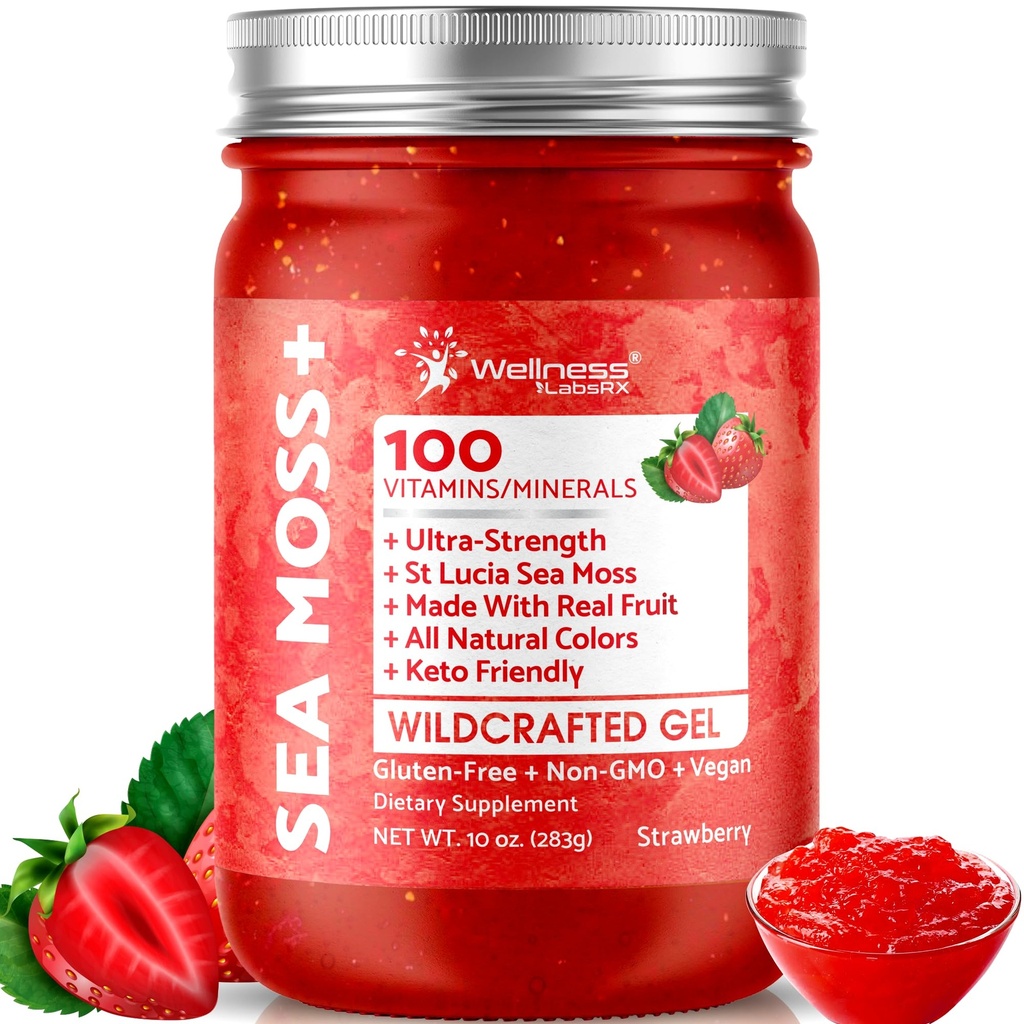 Sea Moss Gel - Wildcrafted Seamoss Gel Superfood - Strawberry Flavor Irish Sea Moss Vitamin and Mineral-Rich from Pristine Caribbean Waters, Immune and Digestive Health Support - 10 oz.