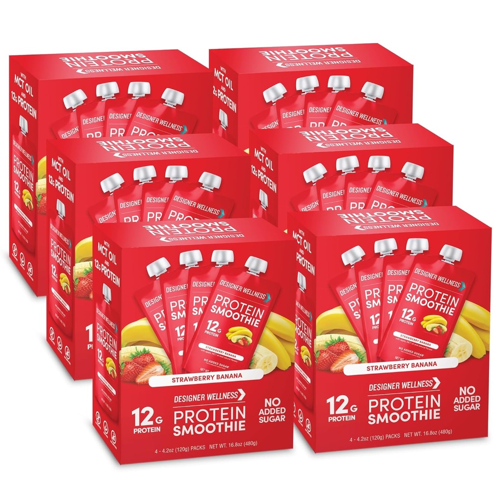 Designer Wellness Protein Smoothie, Frutta reale, 12g Protein, Carbo basso, Zero Aggiunto Zucchero, Senza glutine, Non OGM, Nessun colore artificiale o aromi, Fragola Banana, 24 Conte