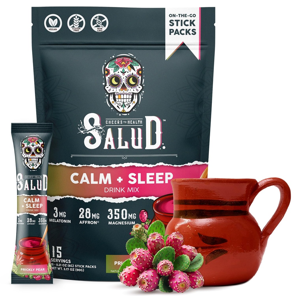 Salud 2-in-1 Sleep Aid + Calm Drink Mix, Prickly Pear Flavor, Melatonin, Magnesium, Saffron Extract, L-Theanin, Non-GMO, Glutenfrei, Vegan, Low Calorie, 1g Zucker (15 Servierungen)