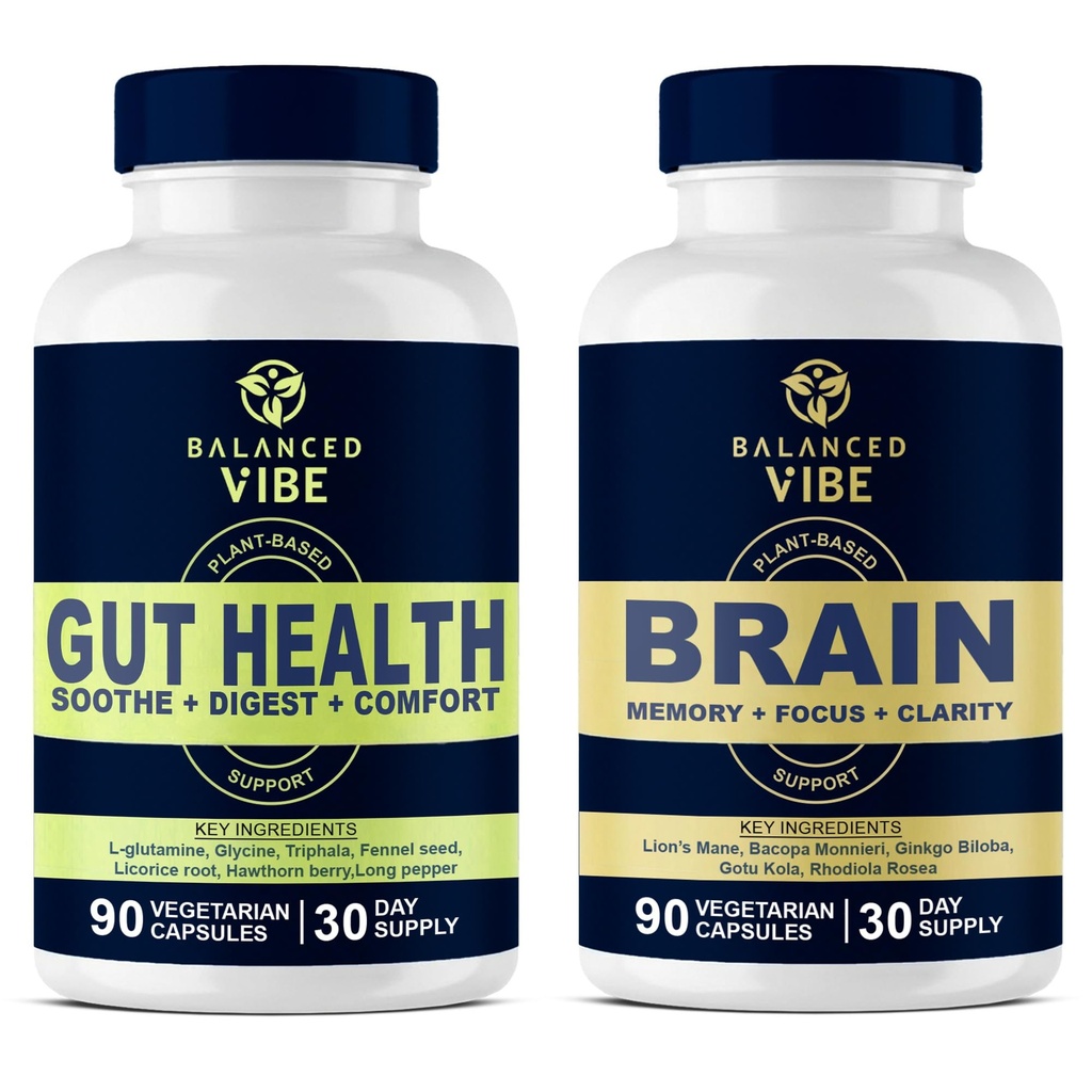 Balanced Vibe Brain+Gut Health Axis | Memory+Focus | Gut Health Supplement | Pflanzenbasierte Unterstützung für Gedächtnis, Fokus & Gut Entzündung Antwort | 90 Caps Jeder