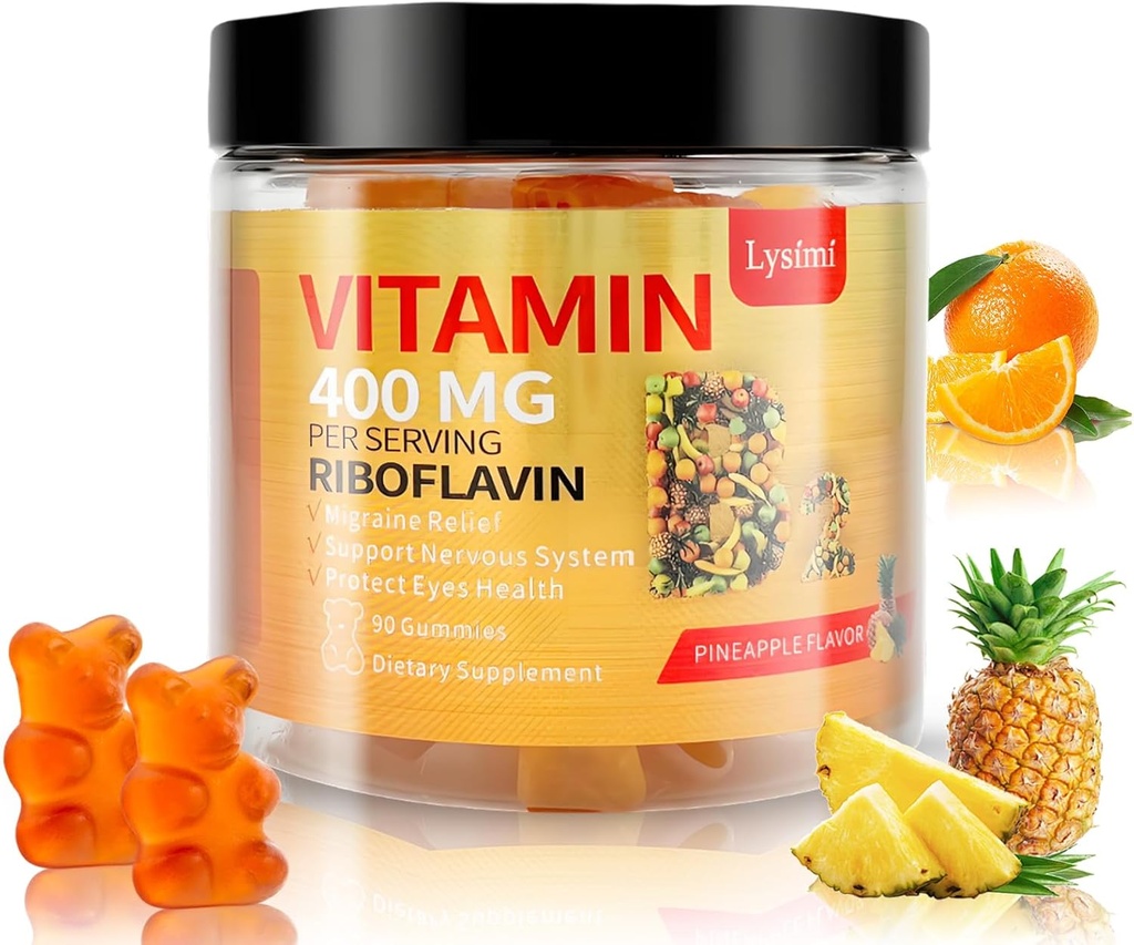 Vitamin B2 Gummi, Vitamin B2 Riboflavin Gummis 400mg mit Magnesium & Coq10, Migraine Relief & Kopfschmerzen Relief, für Kinder & Erwachsene, 90 Kaugummis (1)