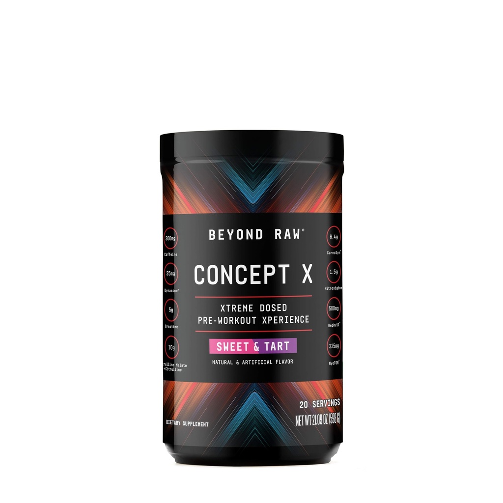 BEYOND RAW Concept X, Polvere pre-allenamento clinicamente dosa, contiene caffeina, L-citrullina, Creatina e Beta-Alanina, Dolce & Tart Flavor, 20 Serve