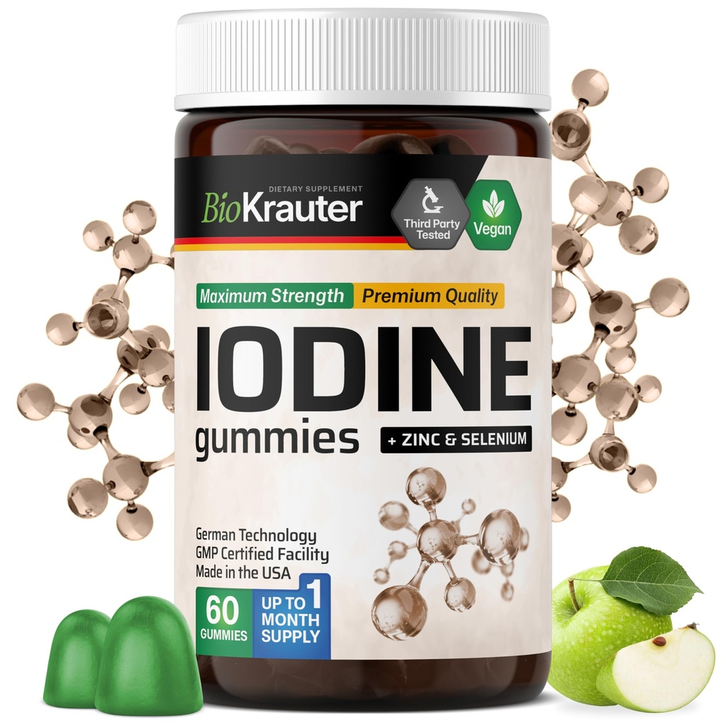 BIO KRAUTER Iodio Gummies - 60 Vegan Chews - 250 mcg Potassium Iodide - Iodine Supplemento con Selenium Zink - Apple Flavor, Pectin-Based Chews