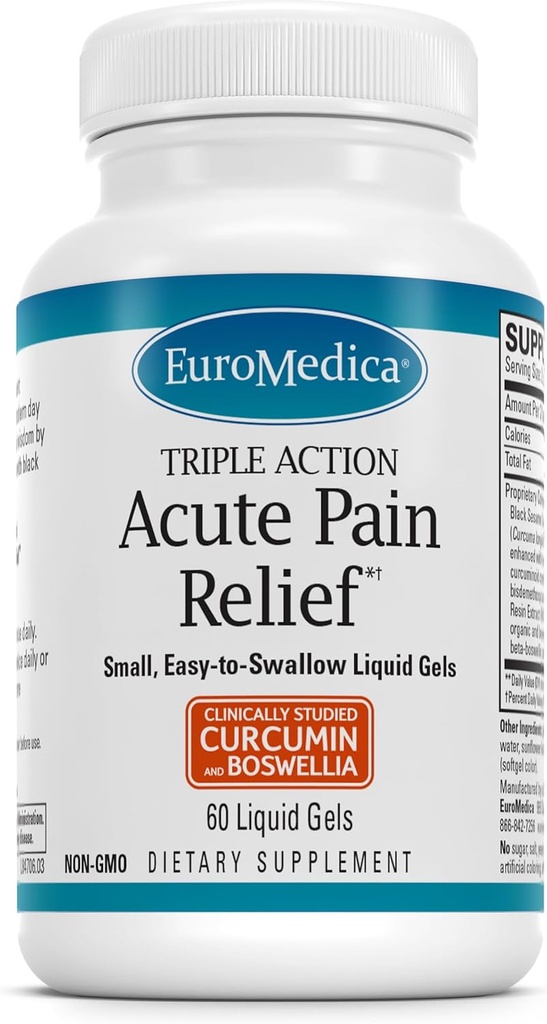 Euromedica Acute Schmerzlinderung - Nahrungsergänzung mit BCM-95 Curcumin & BOS-10 Boswellia - Schwarz Sesam Öl Ergänzung zur Unterstützung Relief von okzialen Störungen - 60 Flüssige Gele