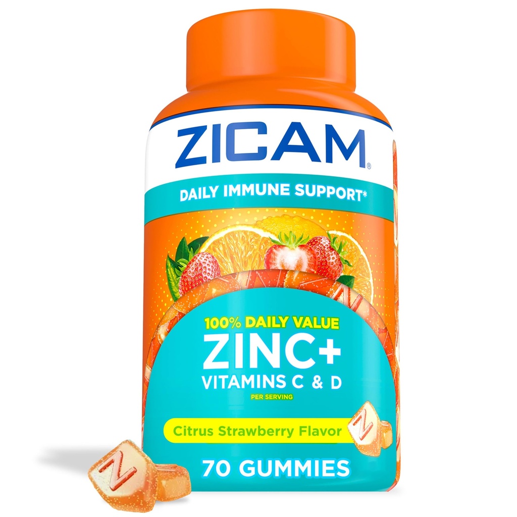 Zicam Tägliche Immununterstützung, Gummy-Ergänzung, Zink, Vitamin C und Vitamin D, Citrus Strawberry Flavor, 70 Count