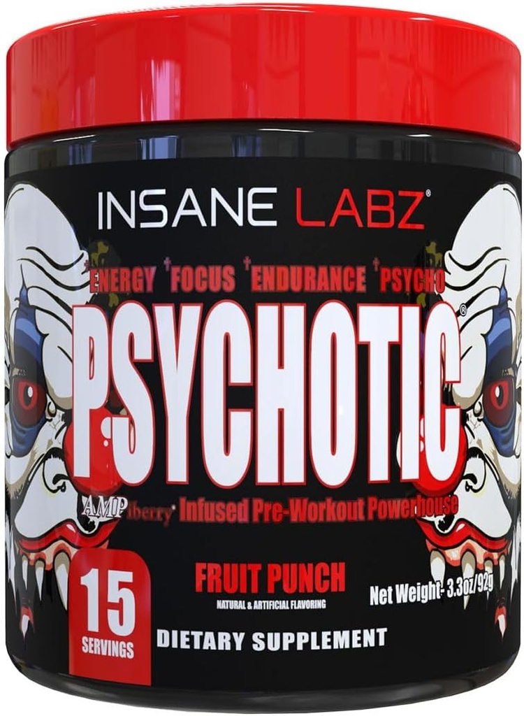 Insane Labz Psychotic, High Stimulant Pre Workout Powder, Extreme Lasting Energy, Fokus und Ausdauer mit Beta Alanine, Creatine Monohydrate, DMAE, 15 Srvgs, Fruit Punch