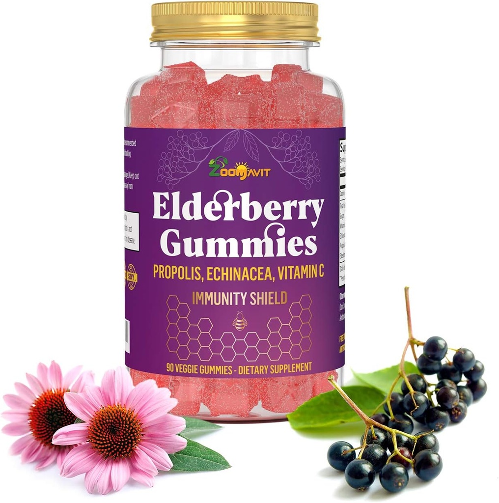 Gommies de baies aînées avec vitamine C, Échinacée, Propolis - Gommy de soutien immunitaire pour les enfants, les adultes - Sambucus Black Elderberry Extract Immunity Booster (90 comte)