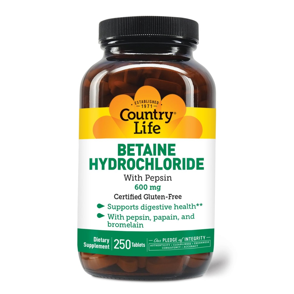 Country Life Betaine Hydrochlorid mit Pepsin 600 mg - 250 Tabletten