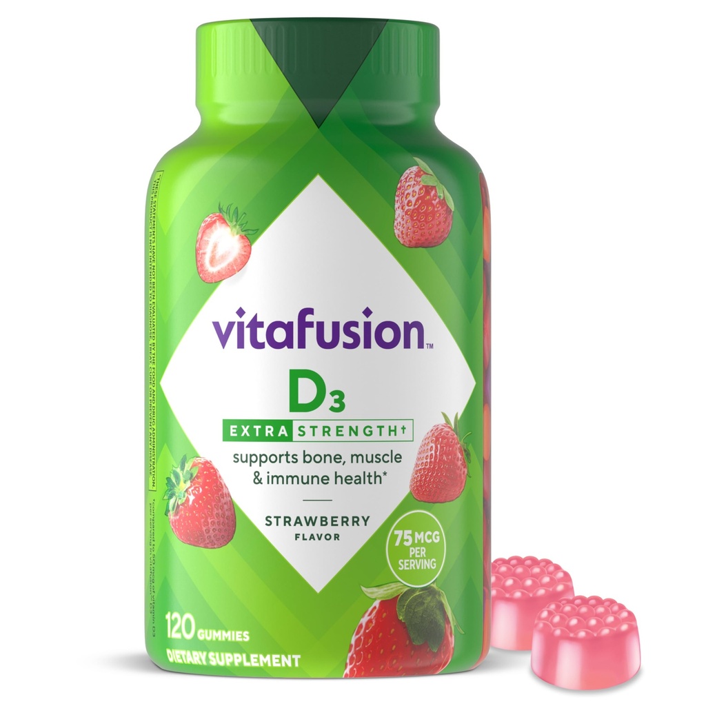 vitafusion Extra Strength Vitamin D3 Gummy, Strawberry Flavored Bone and Immune System Support (1) 120 Count
