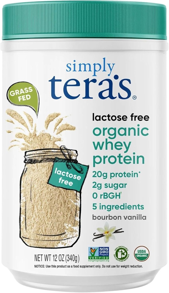 polvere di proteine di siero organico senza lattosio di tera - senza lattosio, Vanilla, 20g di proteine per porzione, non OGM, senza glutine, senza rBGH-Free, Kosher - 12 Oz.