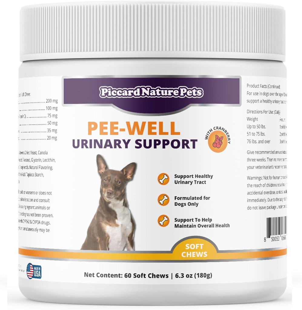 Pee-Well Urinary & Bladder Support Chews with Cranberry, promuove la salute del tratto urinario per cani, aiuta a mantenere la salute generale, 60 Soft Chews