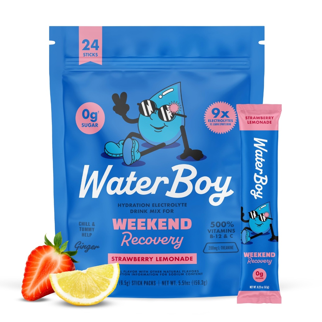 Waterboy Weekend Recovery | 3,200mg Elektrolyt-Pulver-Packets | Ginger + L-Theanine + Vitamine | Kein Zucker, alle natürlichen, Glutenfrei | 24 Getränke-Stick-Mix (Strawberry-Lemonade)