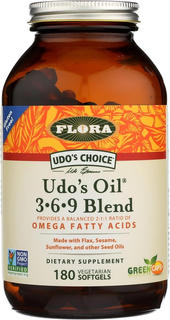 Olio di Flora Udo 3-6-9 Blend - Contiene cocco biologico, olio di semi di lino e altro - 180 Softgel vegetariani