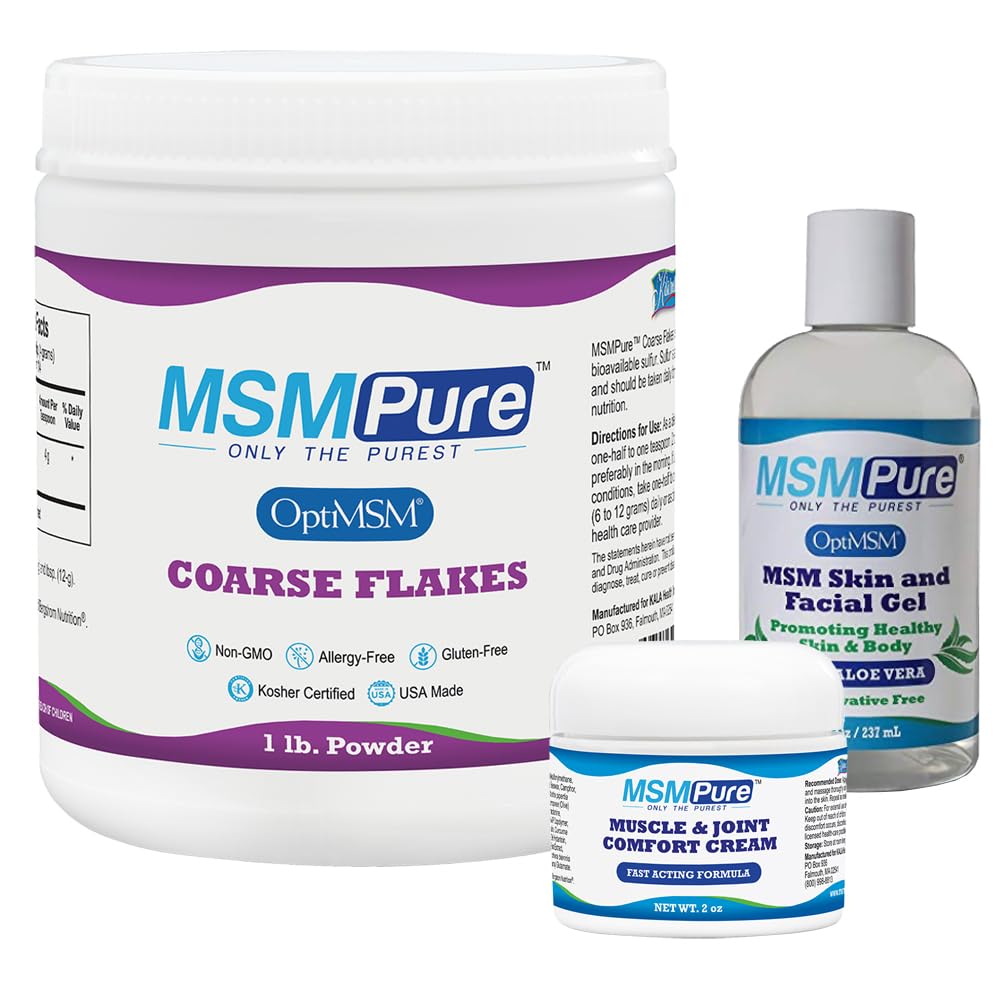 KALA HEALTH MSMPure Starter Bundle con MSM Coarse Flakes 1lb, MSM Muscle & Joint Cream 2oz e MSM Gel con Organic Aloe 8oz