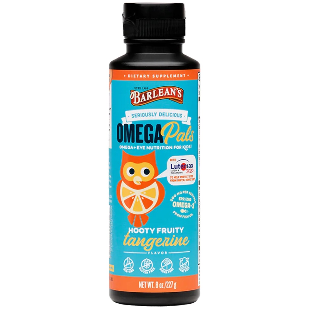 Barlean's Omega Pals Eye Health Liquid, Tangerine Flavored Omega 3 für Kinder, Fish Oil Supplement mit 500 mg EPA & DHA Plus Lutein & Zeaxanthin Vitamine für blaue leichte Unterstützung, 8 oz